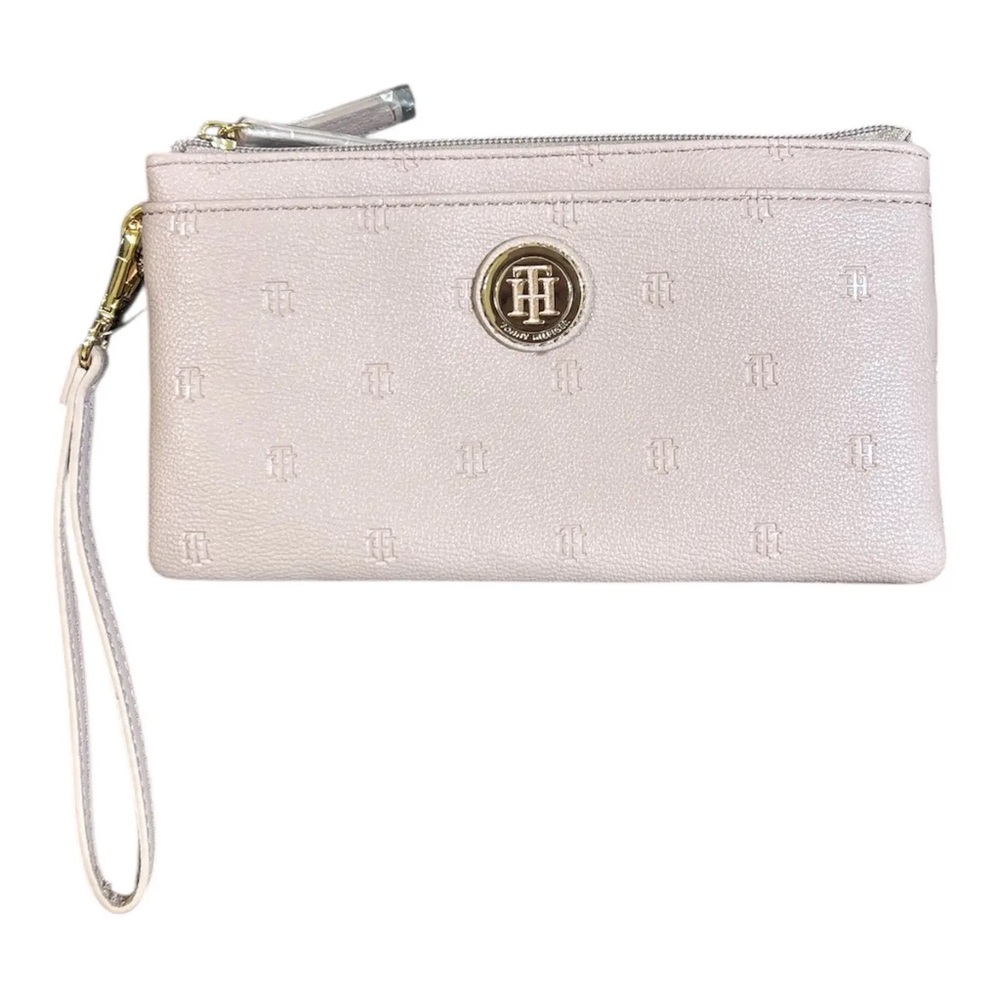 Tommy Hilfiger Women’s Pink Monogram Double Zip Wristlet Wallet